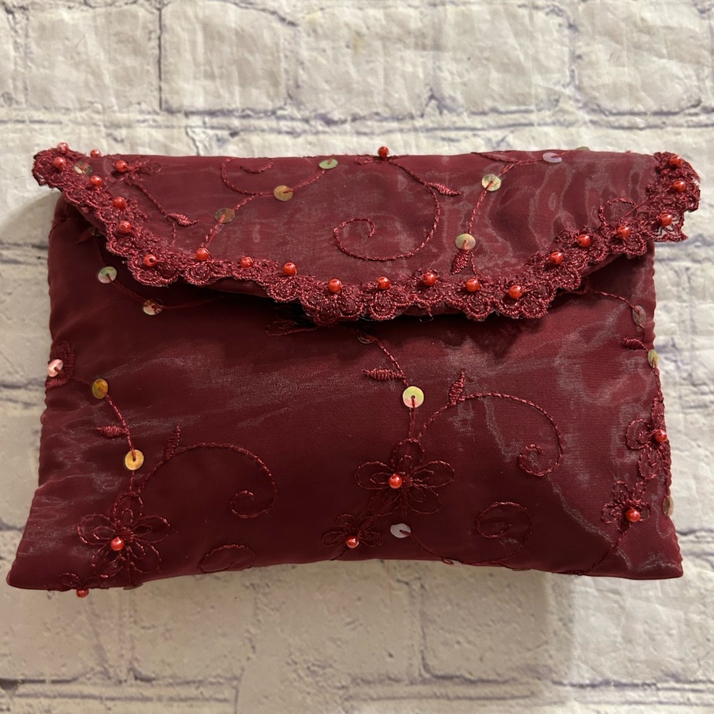 MAROON/BURGUNDY EMBROIDERED BEADED AND SEQUINS CLUTCH BAG PAISLEY PATTERN